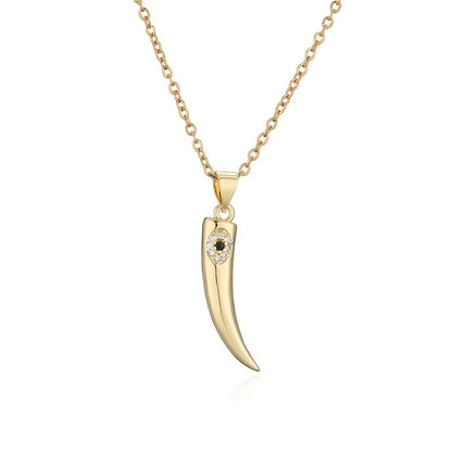 Gold Wolf Tooth Pendant Necklace with Devil's Eye Design