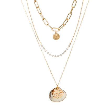 Trendy Layered Shell Necklace with Pearl Letter Pendant