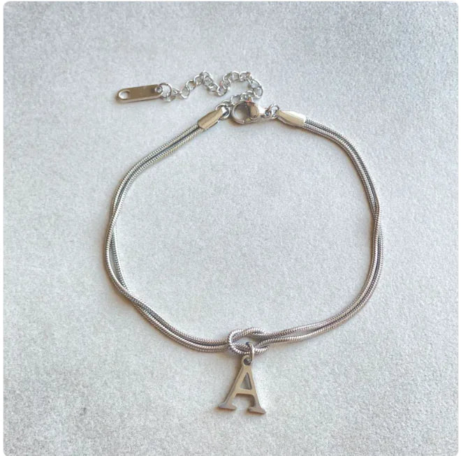 Personalized Initial Love Knot Bracelet for Women - Gold Silver Titanium Steel Snake Chain A-Z Letter Charm Bracelet