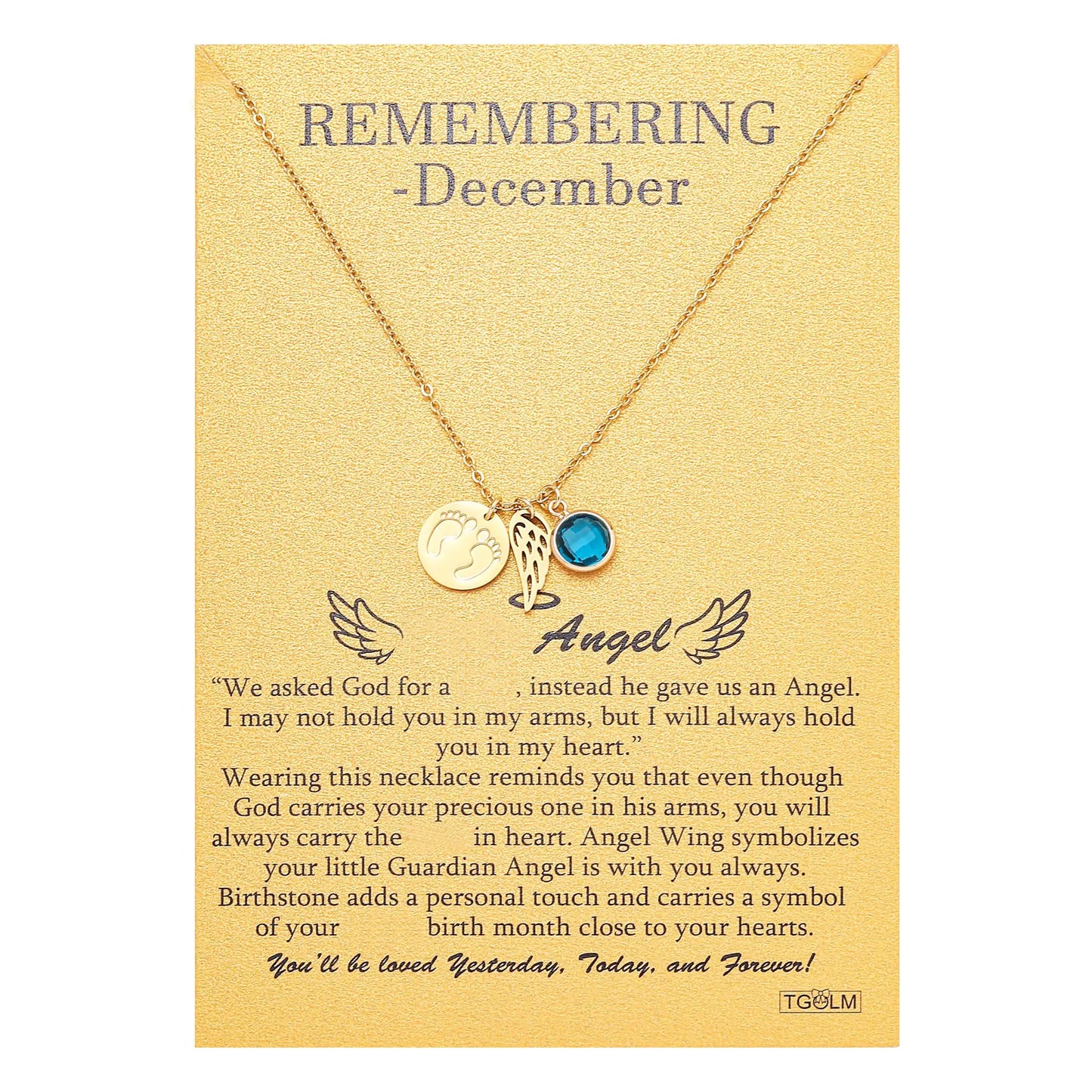 Memorial Miscarriage Gift Necklace - Guardian Angel Footprint Pendant with December Birthstone for Grieving Mothers