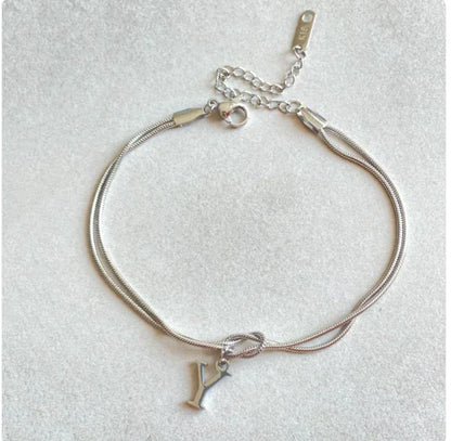 Personalized Initial Love Knot Bracelet for Women - Gold Silver Titanium Steel Snake Chain A-Z Letter Charm Bracelet
