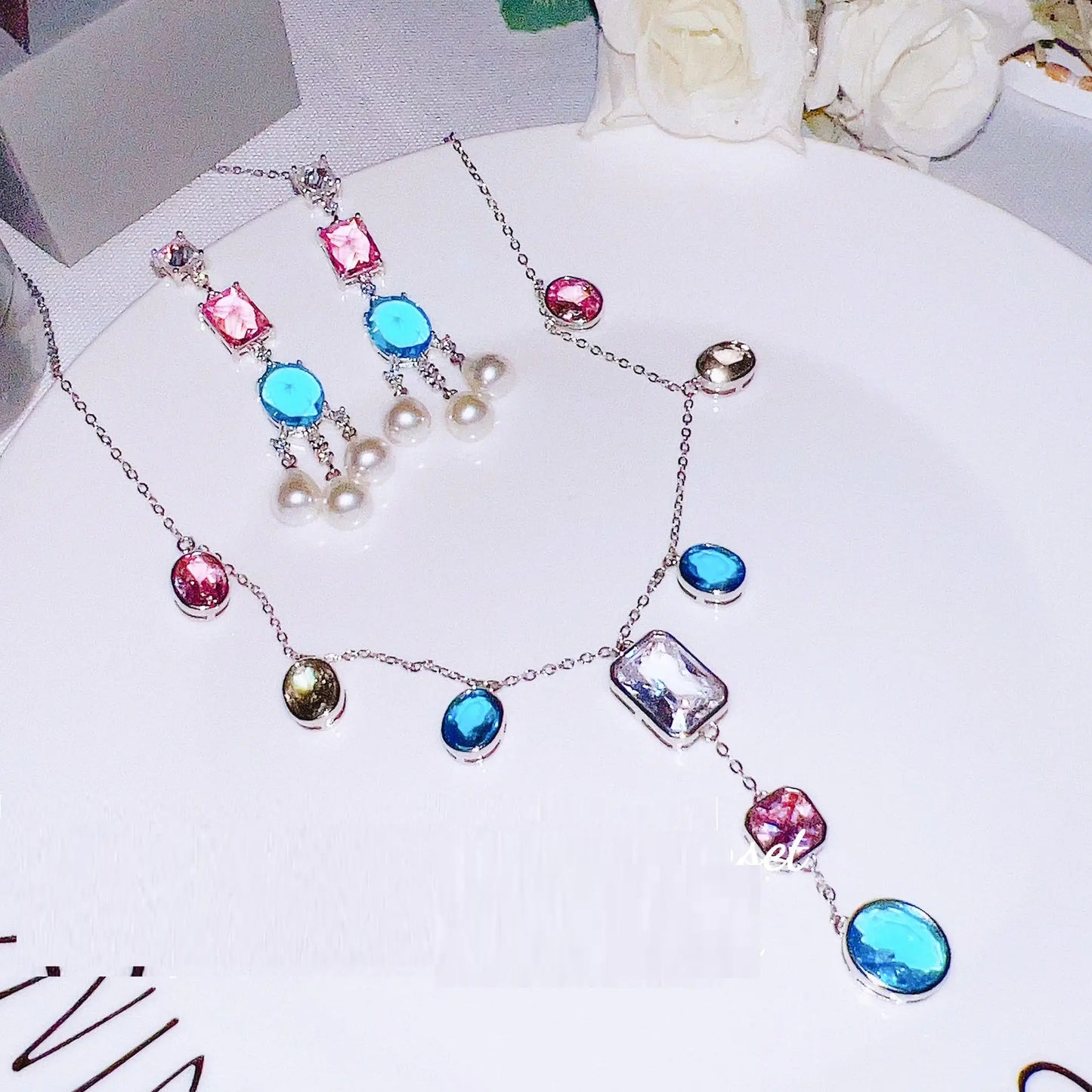 Colorful Gemstone Necklace with Earrings Set | Heavy Industry Fashion | Crystal & Stone Jewelry