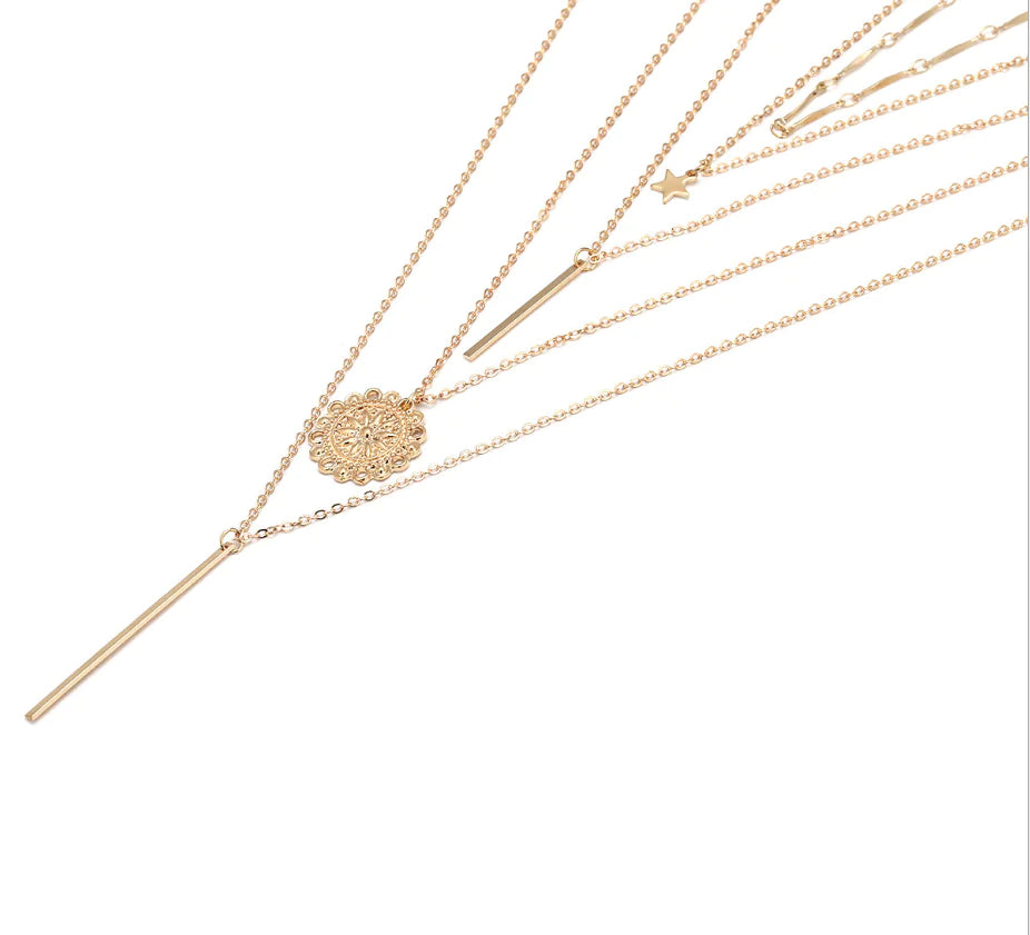 Retro Sunflower Star Layered Pendant Necklace with Metal Rod and Celestial Design