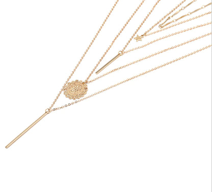 Retro Sunflower Star Layered Pendant Necklace with Metal Rod and Celestial Design