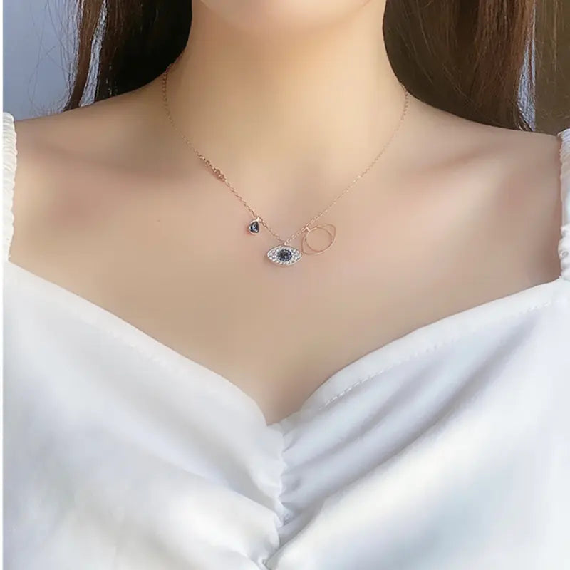 Evil Eye Necklace with Blue Crystal & Key Pendant – Korean Style Protection Jewelry for Women, Adjustable 21–50 cm