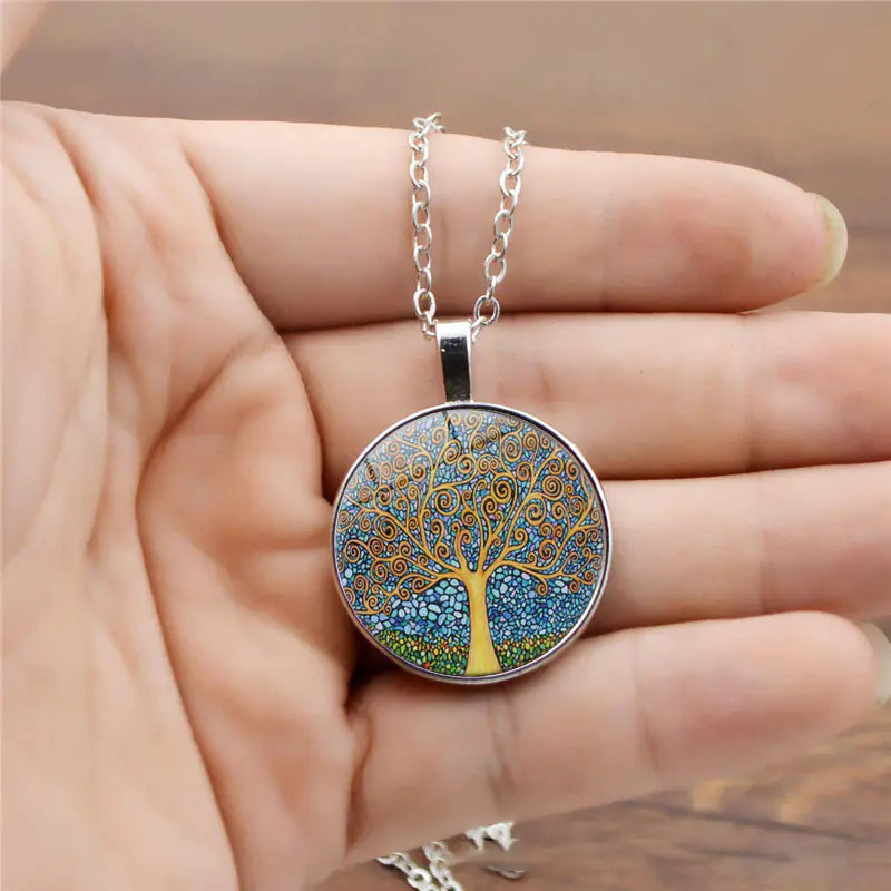 Tree of Life Gemstone Pendant Necklace with Tassels