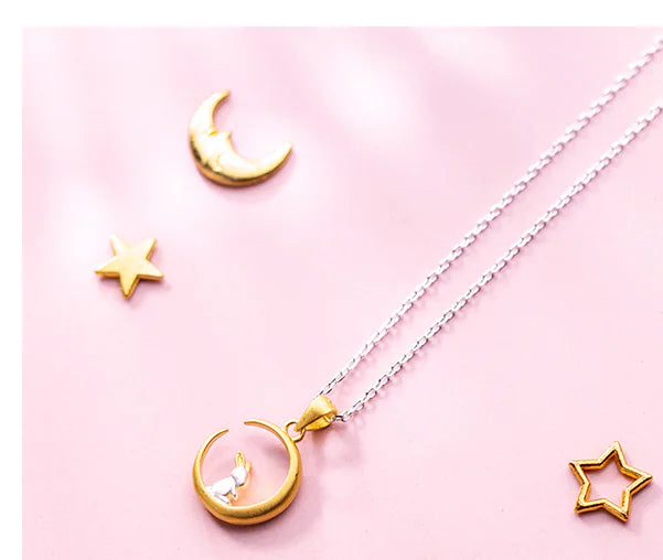 Custom Cute Forest Moon Rabbit Pendant Necklace 925 Silver