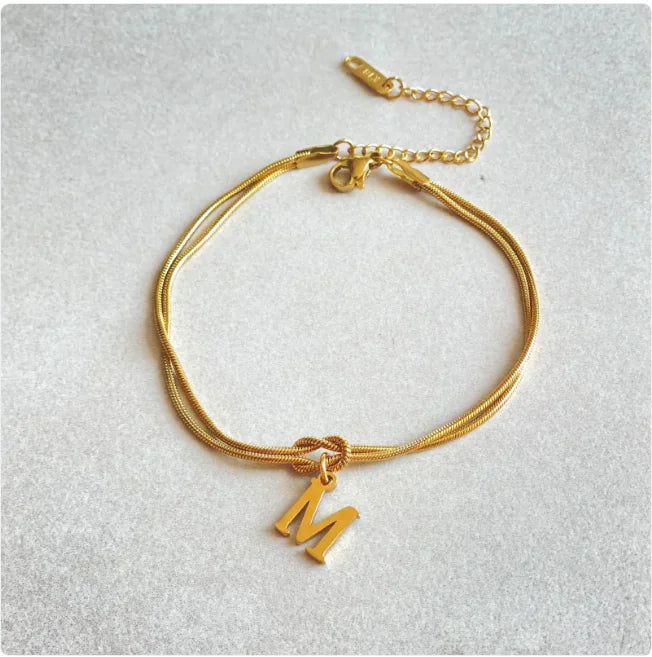 Personalized Initial Love Knot Bracelet for Women - Gold Silver Titanium Steel Snake Chain A-Z Letter Charm Bracelet