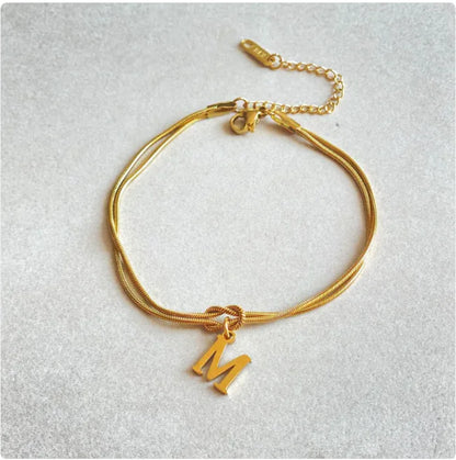 Personalized Initial Love Knot Bracelet for Women - Gold Silver Titanium Steel Snake Chain A-Z Letter Charm Bracelet
