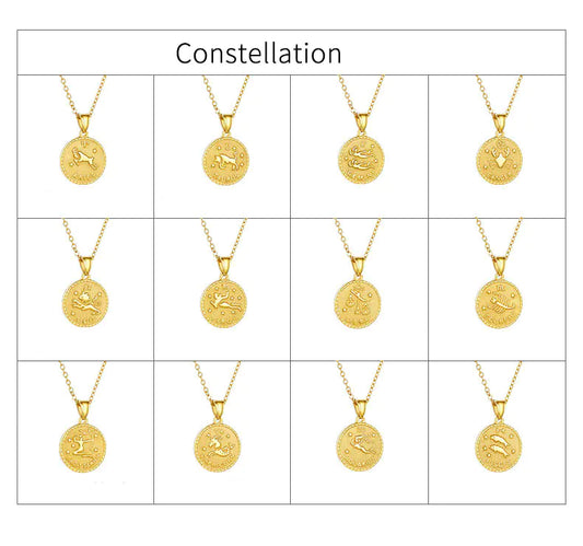 Gold Zodiac Necklace with Custom Engraved Coin Pendant | 12 Zodiac Signs