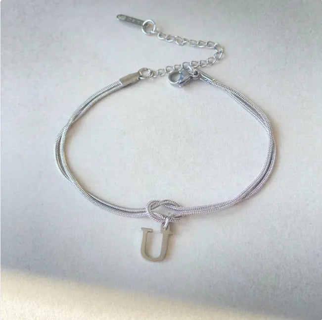 Personalized Initial Love Knot Bracelet for Women - Gold Silver Titanium Steel Snake Chain A-Z Letter Charm Bracelet