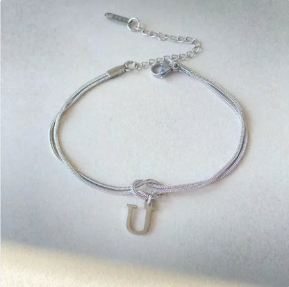 Personalized Initial Love Knot Bracelet for Women - Gold Silver Titanium Steel Snake Chain A-Z Letter Charm Bracelet