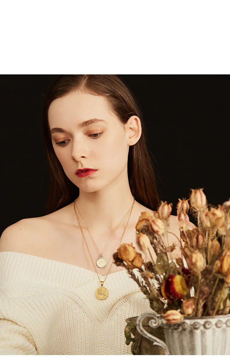 Gold Zodiac Necklace with Custom Engraved Coin Pendant | 12 Zodiac Signs