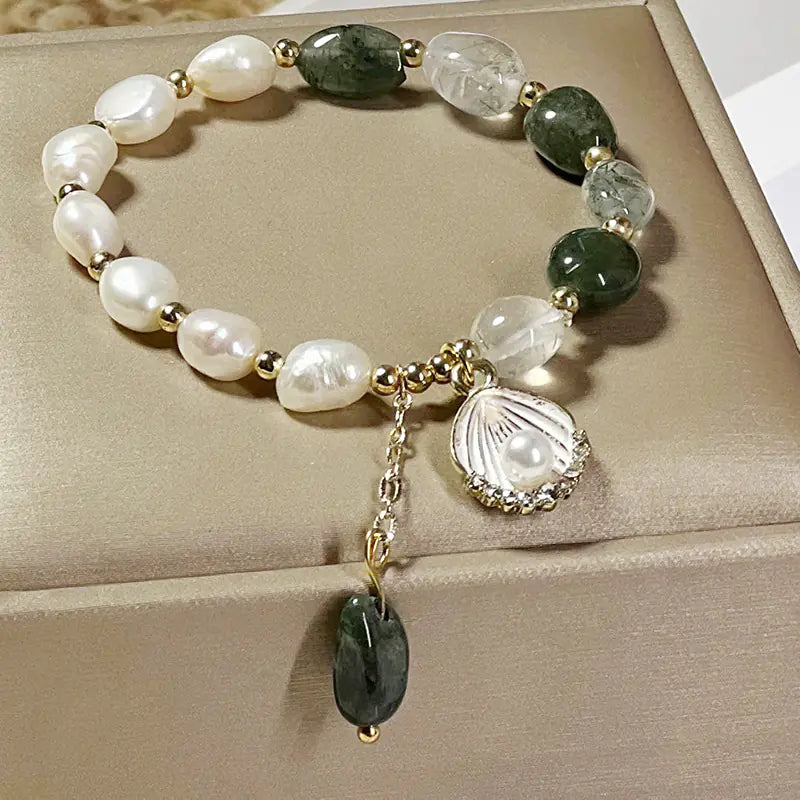 Korean-Style Green Quartz and Pearl Bracelet for Women - Elegant Asian Healing Crystal Jewelry