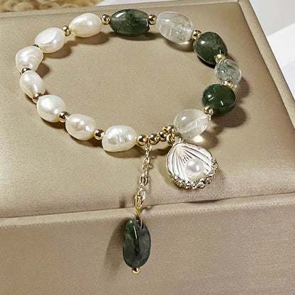 Korean-Style Green Quartz and Pearl Bracelet for Women - Elegant Asian Healing Crystal Jewelry