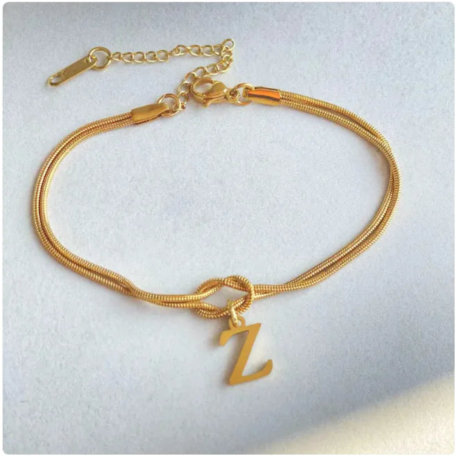 Personalized Initial Love Knot Bracelet for Women - Gold Silver Titanium Steel Snake Chain A-Z Letter Charm Bracelet