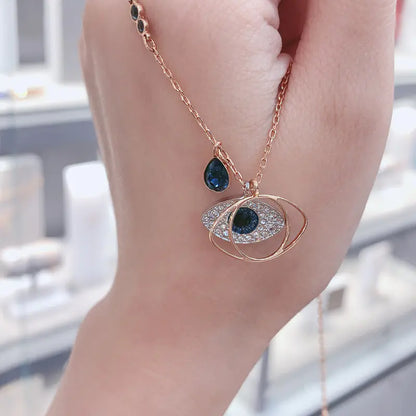 Evil Eye Necklace with Blue Crystal & Key Pendant – Korean Style Protection Jewelry for Women, Adjustable 21–50 cm