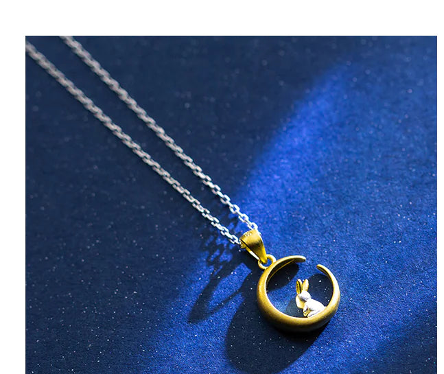 Custom Cute Forest Moon Rabbit Pendant Necklace 925 Silver
