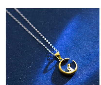 Custom Cute Forest Moon Rabbit Pendant Necklace 925 Silver