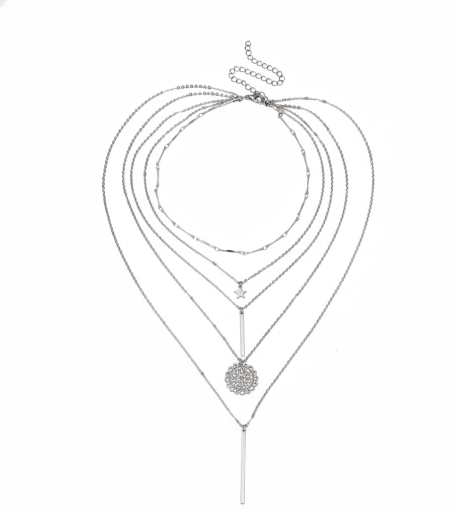 Retro Sunflower Star Layered Pendant Necklace with Metal Rod and Celestial Design