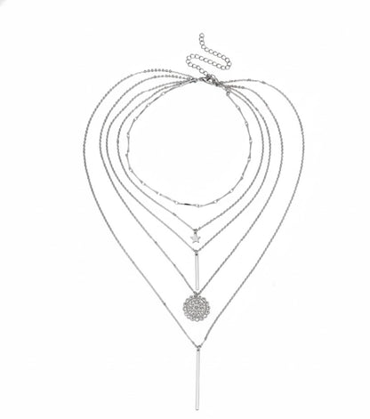 Retro Sunflower Star Layered Pendant Necklace with Metal Rod and Celestial Design