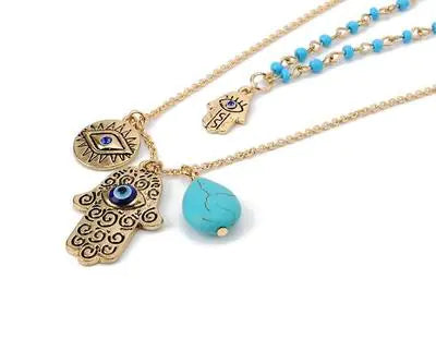 Turquoise Evil Eye Necklace with Hamsa Hand – Multi-Layer Alloy Pendant Necklace for Women, Adjustable 21–50 cm