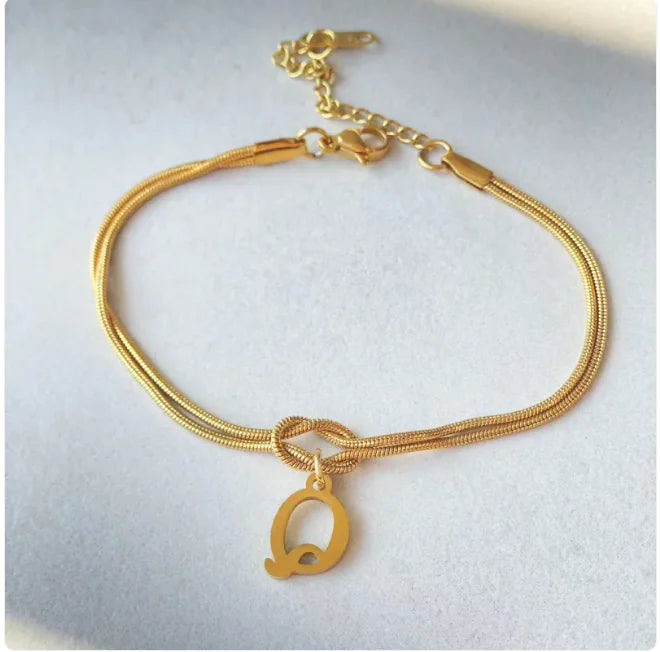 Personalized Initial Love Knot Bracelet for Women - Gold Silver Titanium Steel Snake Chain A-Z Letter Charm Bracelet