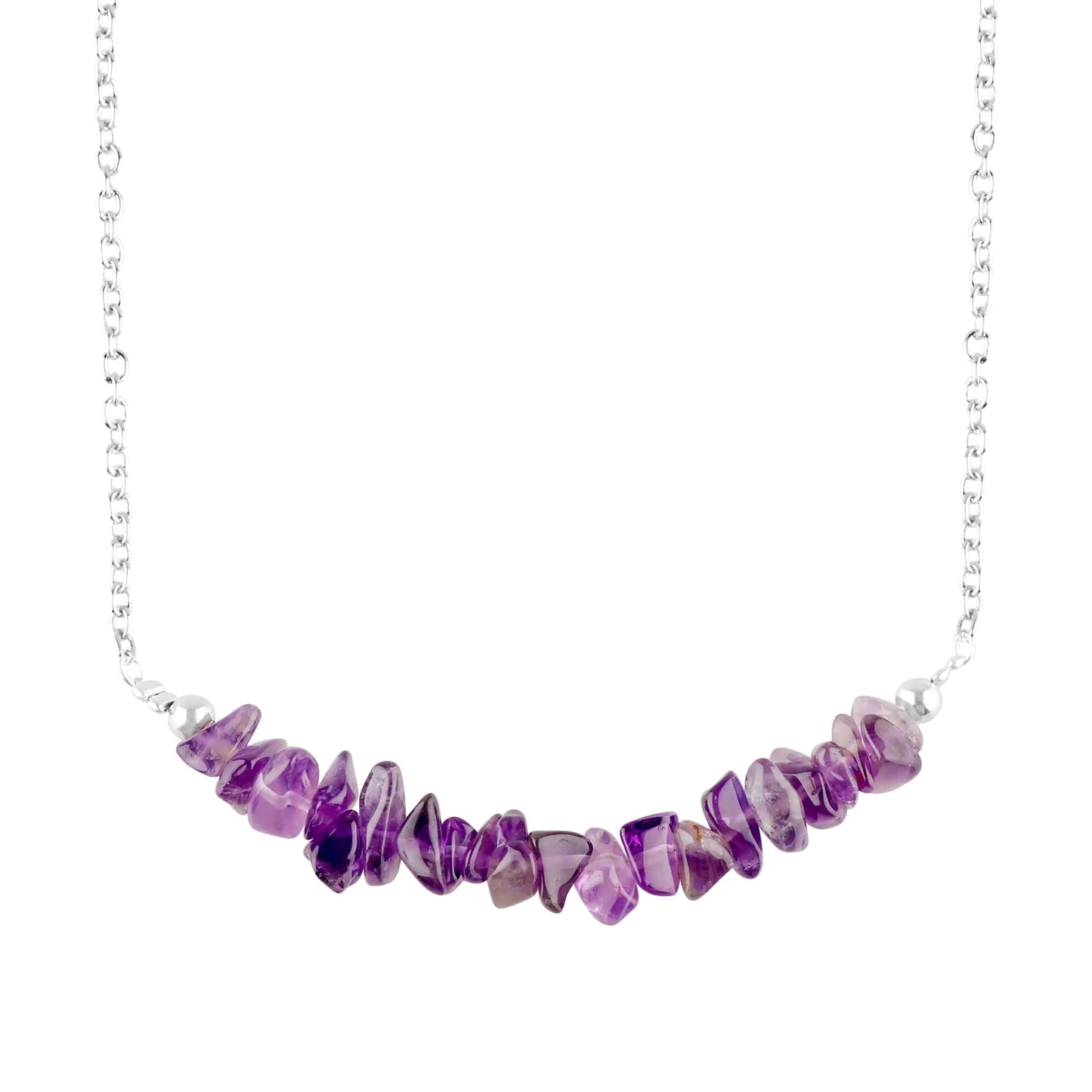 Purple Amethyst Chips Bar Necklace - Crystal February Birthstone Necklace for Women, 18" Adjustable Silver Plated
