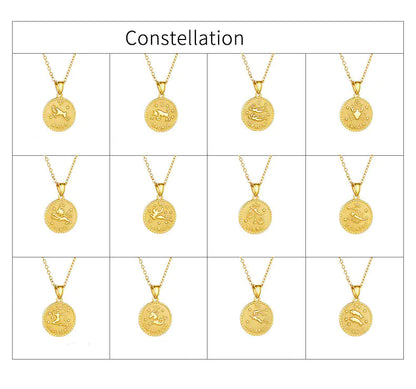 Gold Zodiac Necklace with Custom Engraved Coin Pendant | 12 Zodiac Signs