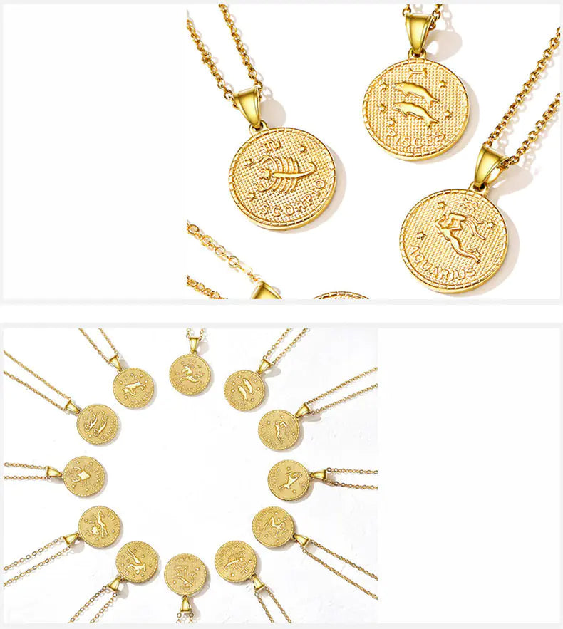 Gold Zodiac Necklace with Custom Engraved Coin Pendant | 12 Zodiac Signs