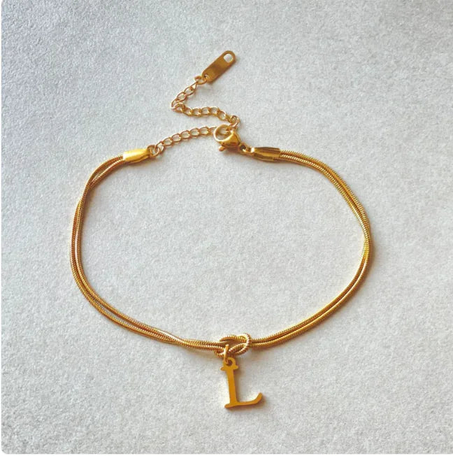 Personalized Initial Love Knot Bracelet for Women - Gold Silver Titanium Steel Snake Chain A-Z Letter Charm Bracelet