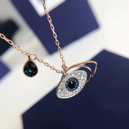 Evil Eye Necklace with Blue Crystal & Key Pendant – Korean Style Protection Jewelry for Women, Adjustable 21–50 cm