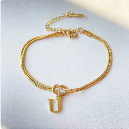 Personalized Initial Love Knot Bracelet for Women - Gold Silver Titanium Steel Snake Chain A-Z Letter Charm Bracelet