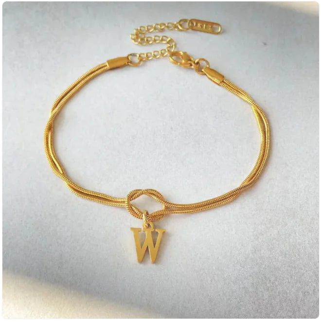 Personalized Initial Love Knot Bracelet for Women - Gold Silver Titanium Steel Snake Chain A-Z Letter Charm Bracelet