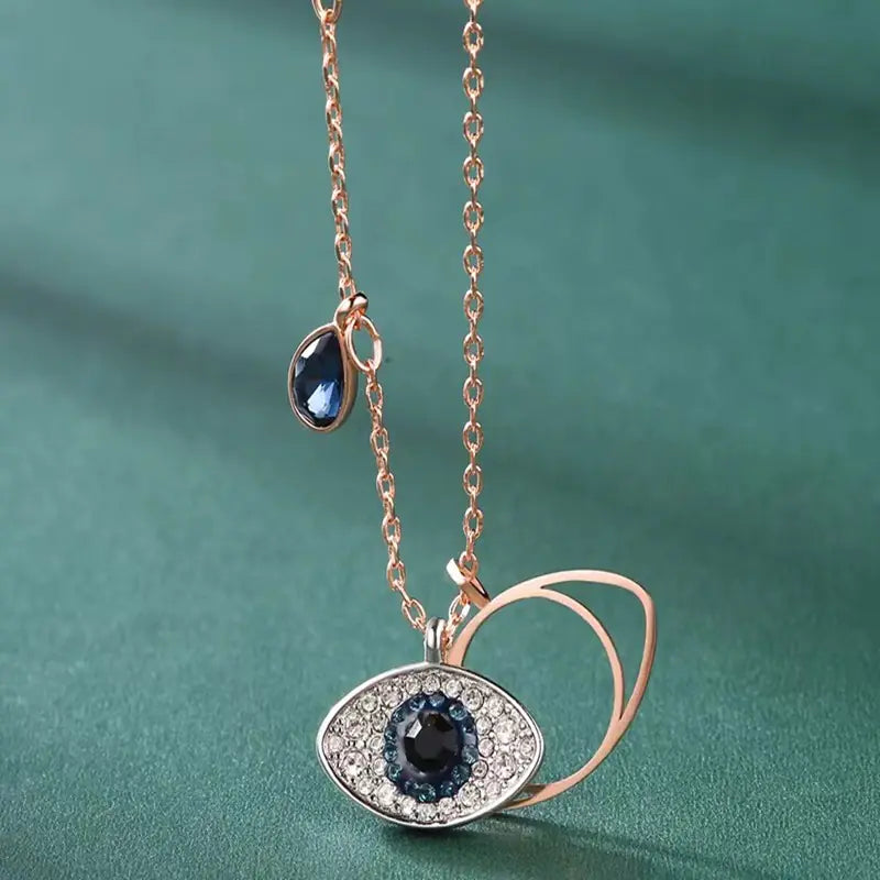 Evil Eye Necklace with Blue Crystal & Key Pendant – Korean Style Protection Jewelry for Women, Adjustable 21–50 cm